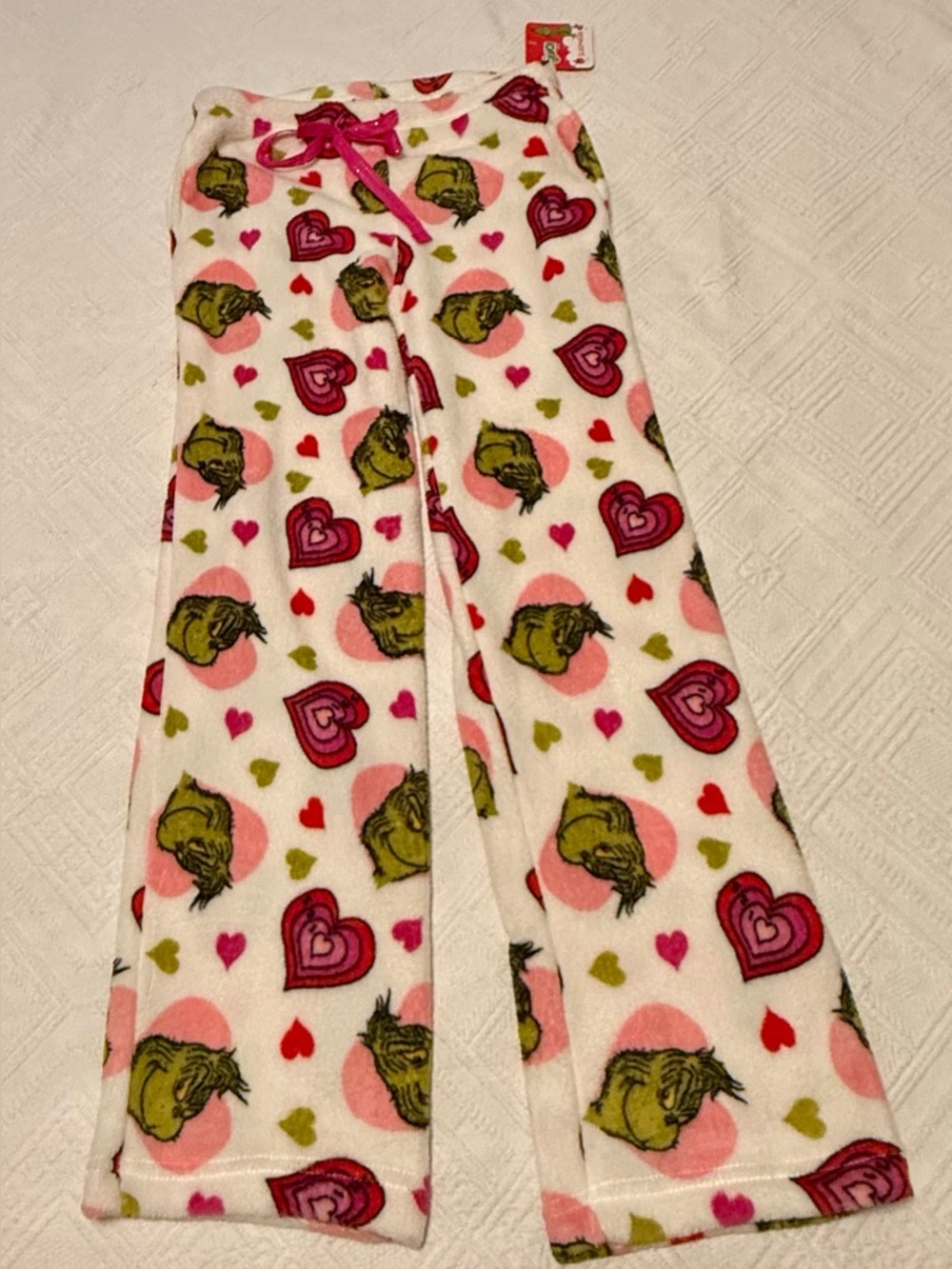 Pajama pants - Dr Seuss - Grinch & Hearts - soft - medium pink white green. New!